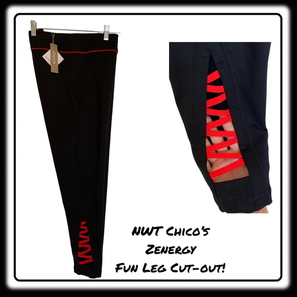 NWT Chico’s Zenergy black leggings with red trim and leg accents. Sz 2 (12-14) - Picture 1 of 9
